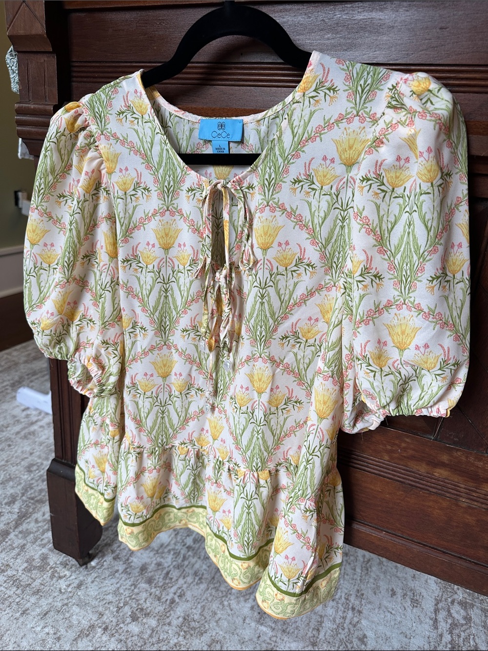 CeCe Cream, Yellow and Green Floral Tie-Front Puff Sleeve Blouse